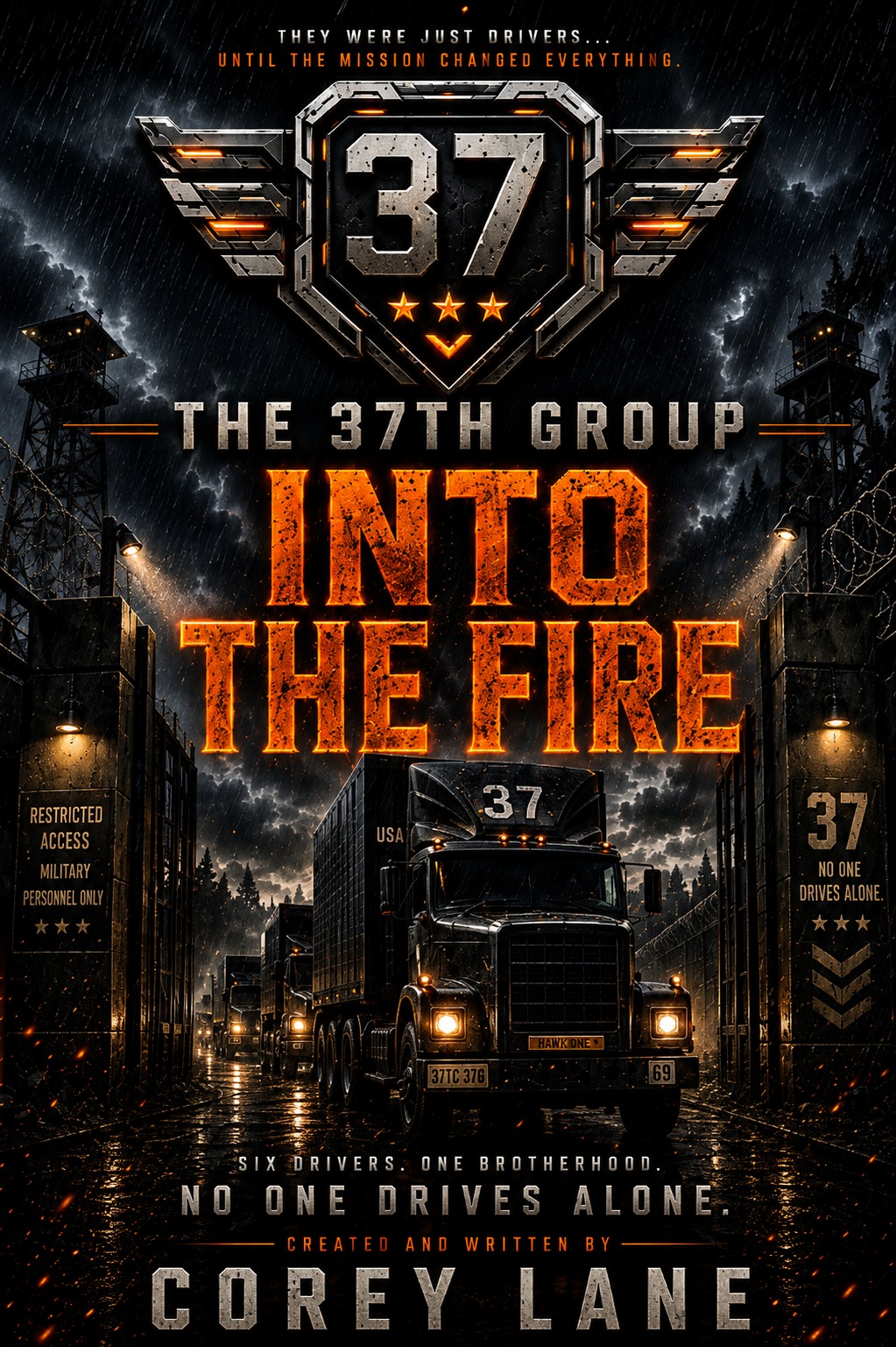 Into the Fire book cover by Corey Lane, with the winged 37 emblem and military trucks